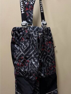 Monster Kids Black & Gray Patterned Snow Pants with Removable Suspenders